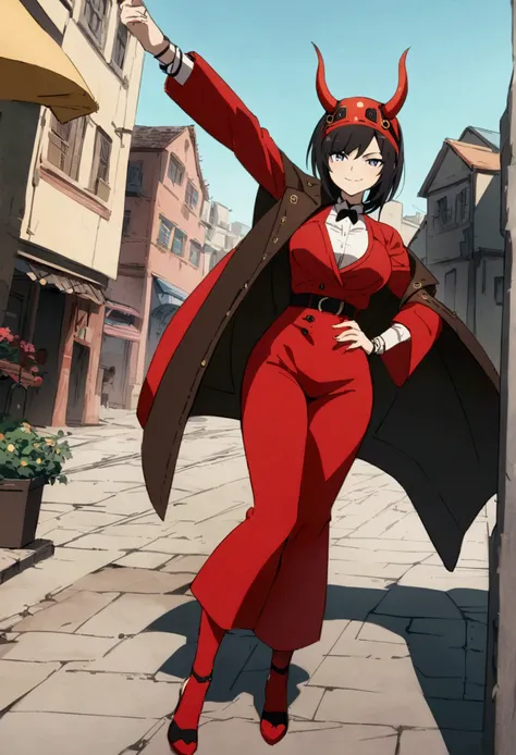 female version of Dante from Devil May Cry doing a selfie, anime style, smirking, sexy, masterpiece, outdoor, stylish, 2d, full body angle,