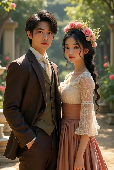 Create an image of a thai man wearing dark brown slim fitted retro suits. an Asian teenage girl in a Victorian-inspired outfit. Shes wearing a lace blouse, a high-waisted long skirt. Her hair is styled in loose ringlets and adorned with a floral headpiece....