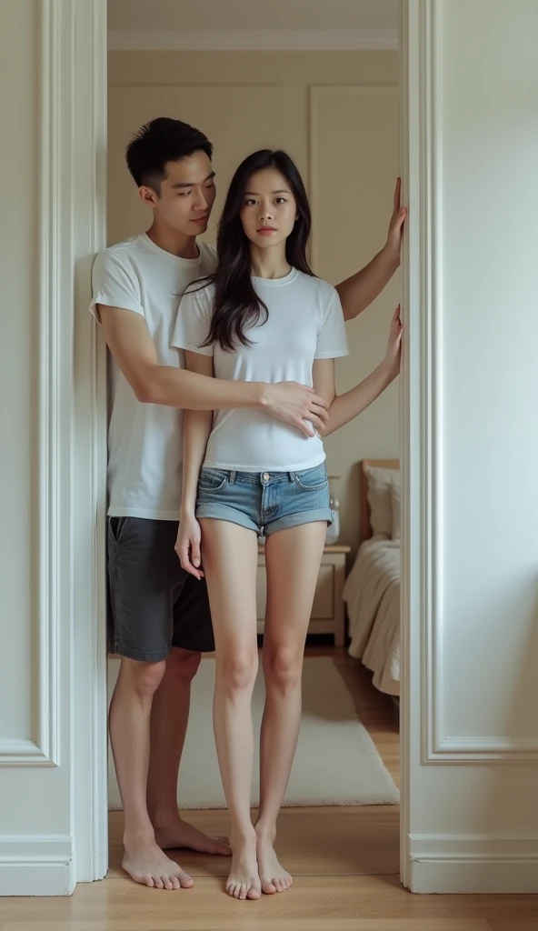 hyperrealistic photographic portrait of an extraordinarily tall, slender Chinese woman with perfect golden ratio facial features, bending significantly to pass through a standard-height doorframe, wearing a crisp white fitted t-shirt and ultra-short denim ...