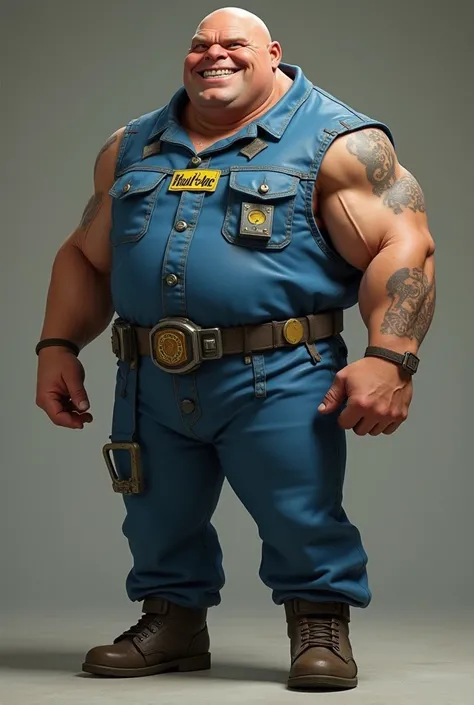  a muscular man, bald and smiling  , a little ugly  ,   wearing a blue shelter suit from the Fallout saga, y a little ugly  , A little bit younger, Like in your 20s and fattest