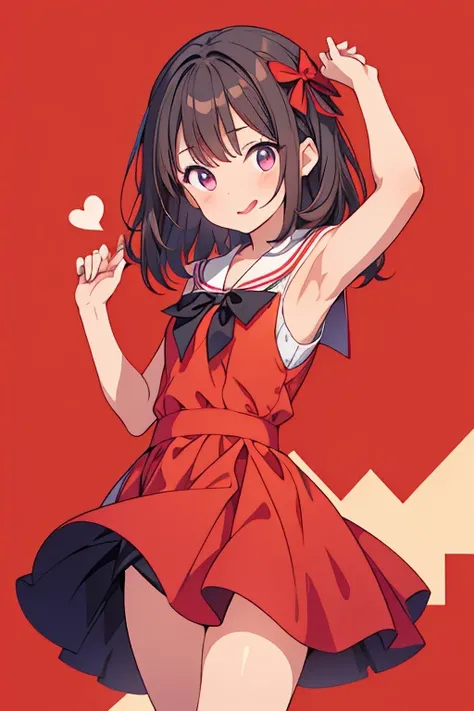 A girl of elementary school age is wearing a red dress and sticking her tongue out.