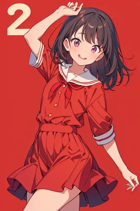 A girl of elementary school age is wearing a red dress and sticking her tongue out.