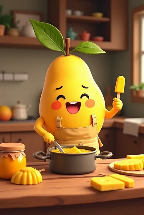 An animated mango character in a cute apron, stirring a pot of mango jam in a rustic kitchen. Nearby, mango popsicles and jars of jam are arranged on a wooden table, with a cozy, warm vibe."
