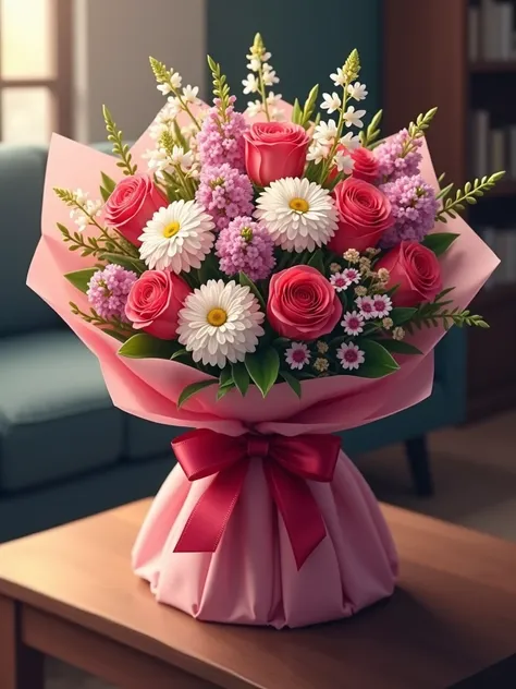 A very beautifully packaged bouquet of flowers,（Rose，Little daisies，Phalaenopsis，Hydrangea， carnations，Hyacinth）Place on the desktop，velvet decoration ，Ribbon， rich in detail , vintage luxury living room background, movie lighting,Light and shadow contrast...