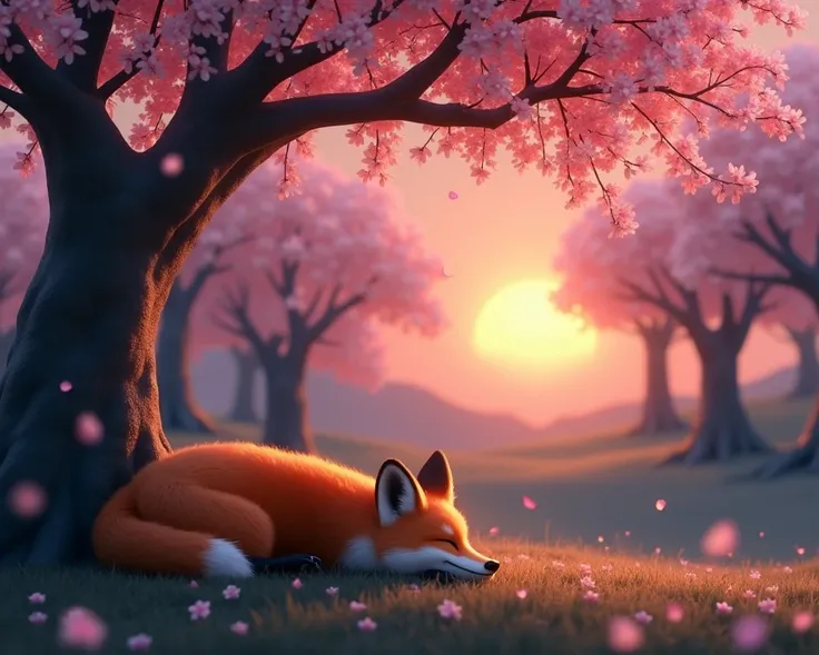 Cherry blossom trees in the background with a branch in front center with the petals slowly falling off in dark sunset. A fox is sleeping next to the tree
