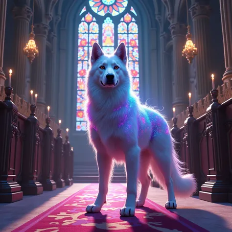 dog　 digital art　 colorful 　 fantasy standing in a church