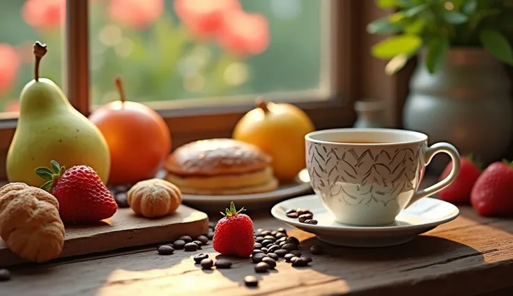 A coffee cup with a pattern is placed in the corner on the right side of the wooden table, surrounded by various fruits, pastries, and coffee beans, next to a flower garden.