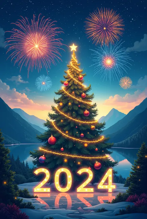 new year poster, 2024 - 2025, fireworks, Christmas tree, beautiful landscape,