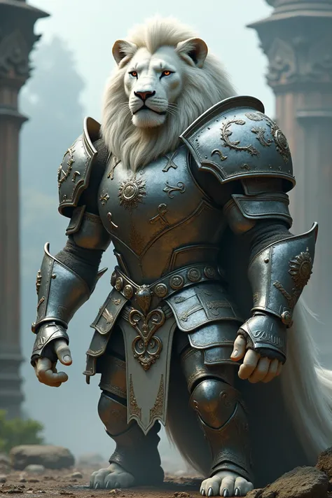 White lion in iron armor and human body 