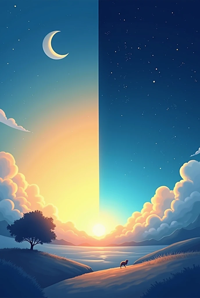 A semi-circular background, split into two halves: one glowing with the warm light of the sun and the other twinkling with stars under a dark sky.

Background: Blue and golden gradients.
All cartoon type image 