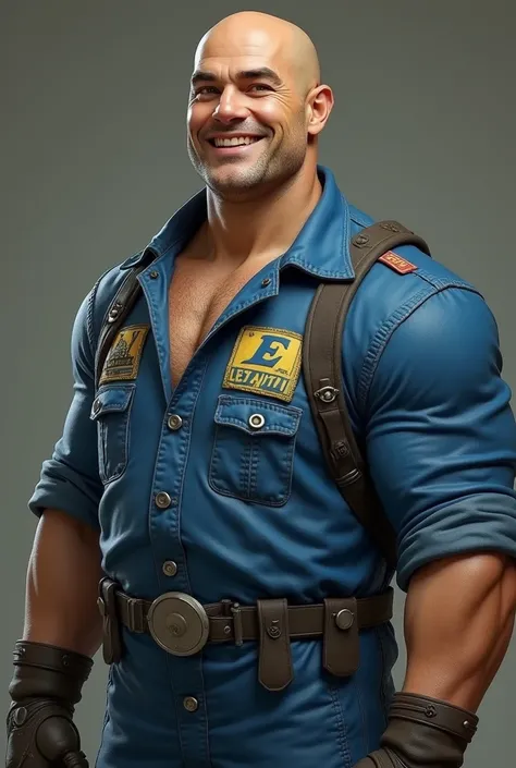  a muscular man, bald and smiling  , a little ugly  ,   wearing a blue shelter suit from the Fallout saga, y a little ugly  , A little bit younger, Like in your 20s and fattest