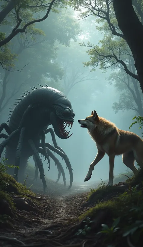 A growling wolf with bared teeth, staring at a giant centipede with its numerous legs bristling and mandibles snapping. The background is a misty forest clearing.