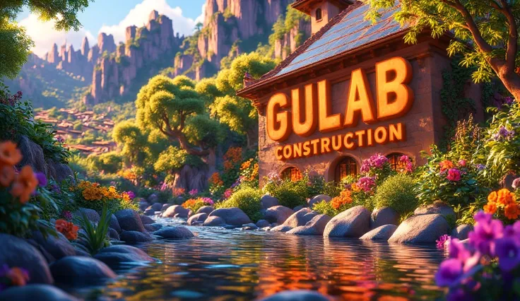 make a poster with 3d text"GULAB COUSTRUCTION" solar park and river green in it