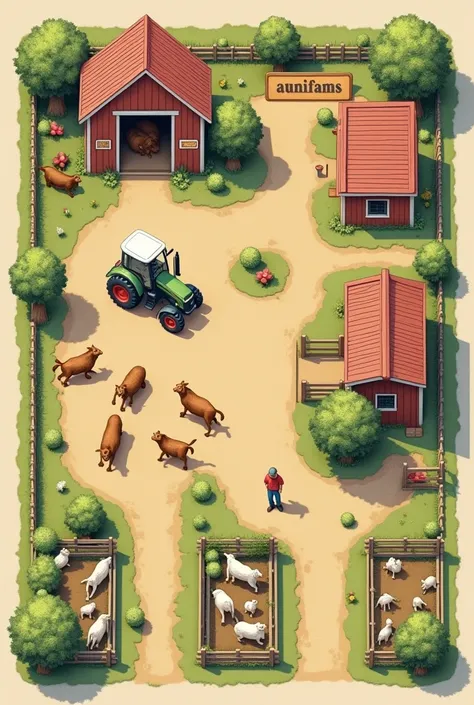 make a overhead view map/blueprint of a farm with 8 animals, 3 fields,1 tractor, 1 barn/shed , 1 house, 1 farmer. label the everything. Also make put all the animals in pens, and at the entrance give the barn a sign with the farms name on it