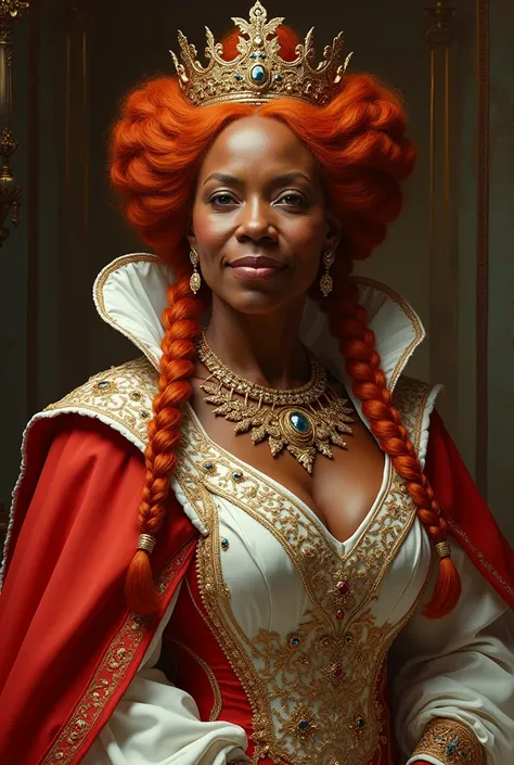 Donna da capelli rosso ramati e con trecce, The woman is fairly dark-skinned , adult, with wrinkles to symbolize age with a very square face, She is a queen ,with a flamboyant crown ,  monarchical clothes and a long and very flashy red and white cape with ...