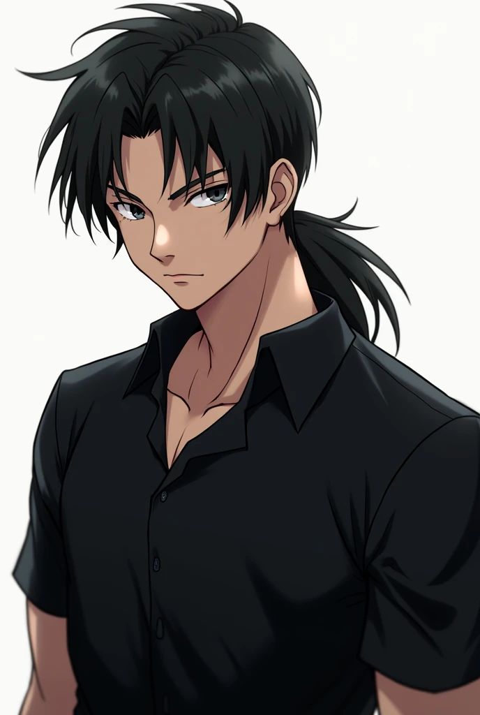 man, with long hair and black ponytail , black shirt, Serious, anime, young