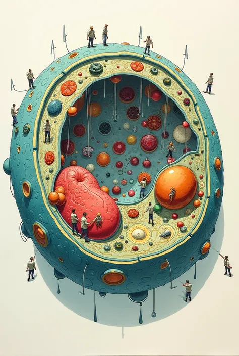 Drawing of the eukaryotic cell with all its organelles well detailed 10 and functions( Also include little people inside the cell as workers )