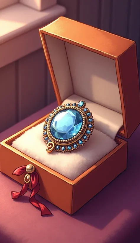 Please draw some Victorian jewelry in cartoon style,Noble Family Brooch , It comes in an opened gift box，Ribbon，A huge jewel，velour，The metal part has a very small pattern with the letter D，Cartoon anime style