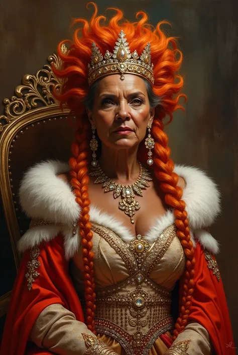 Donna da capelli rosso ramati e con trecce, The woman is fairly dark-skinned , adult, with wrinkles to symbolize age with a very square face, She is a queen ,with a flamboyant crown ,  monarchical clothes and a long and very flashy red and white cape with ...