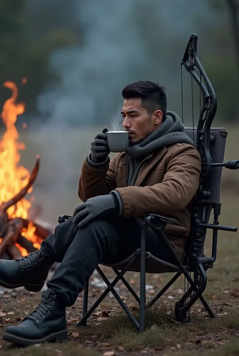 (photorealism:1.2), A Handsome Pinay man clean face in a brown wool jacket and long black jeans, wearing a mountain boots, crew-cut dark hair, smiling wearing a knit scarf and military gloves sitting on a chair holding a cup of hot coffee with coffee vapor...