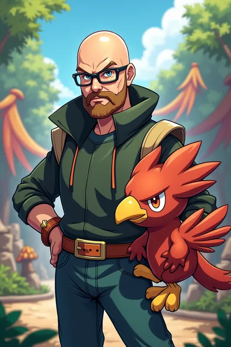 Bald head with beard and glasses Pokémon trainer in cartoon style posing with Hawlucha 