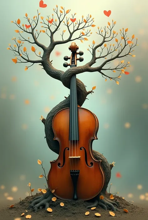  An intertwined tree trunk attached to a cello, with branches made of musical figures and leaves of hearts 