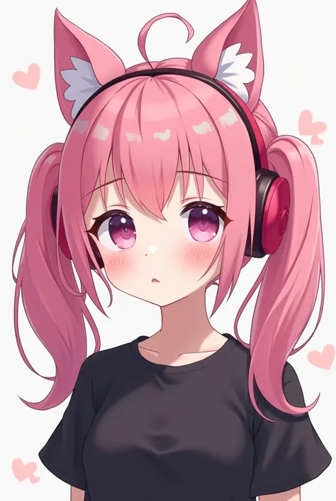 Non-realistic white-skinned anime girl with pink tied hair wearing a black shirt and wearing pink cat headphones 