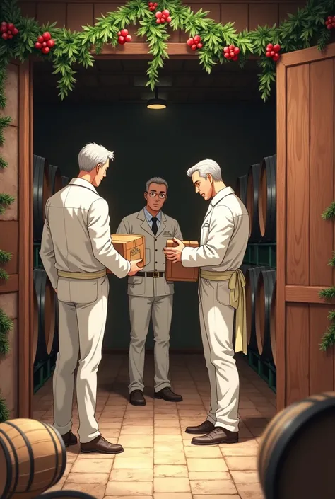  creates an image of three men fixing up a cellar one person with a box in his hand and the other with a leaf in his hand , with Christmas decorations all over the winery and that all three are white leather only anime style  