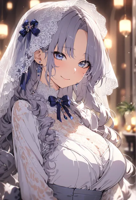 ((best quality)), ((masterpiece)), (detailed), (1girl), housewife, big breast, blue-silver long Hair with delicate strands falling gently onto her face, parted bangs, a veil, ((mature woman)), mother with blue-silver eyes, close mouth, happy smile, looking...