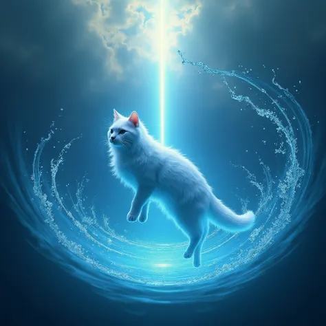 ( High image quality ),( masterpiece),( ultra detailed ),( phosphorescent cat in a water vortex),( ray of light crossing the image ),(Above clouds ),(4k).