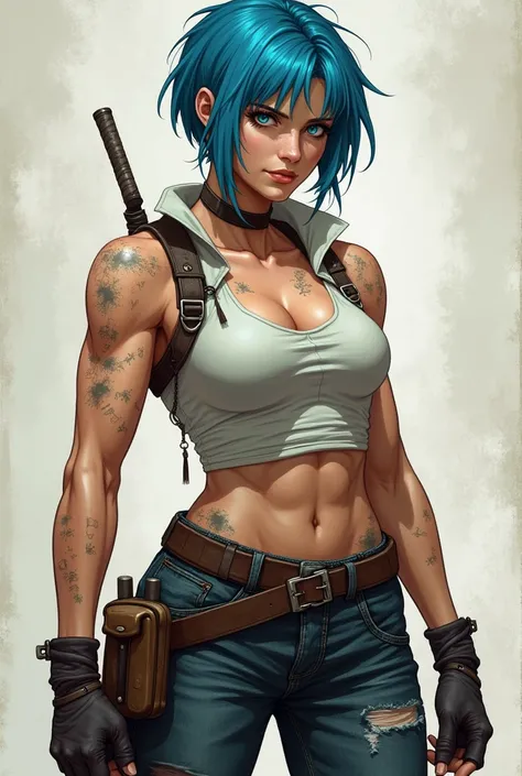  Adult girl,  Blue short hair , androgynous face , muscles, scars,  blue eyes , Daring, weapon,  closed clothes 