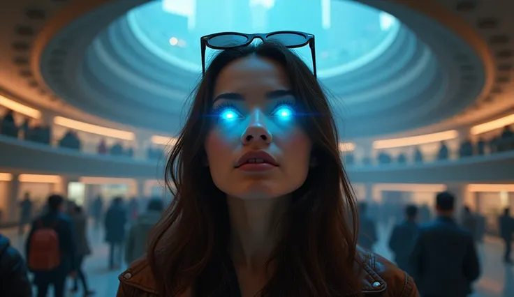 face in the eyes blue glow, brunette in a leather jacket with sunglasses on her forehead looks up fascinated, The blue glow reflects in the eyes of a ,  behind is a large circular square with balconies and a crowd