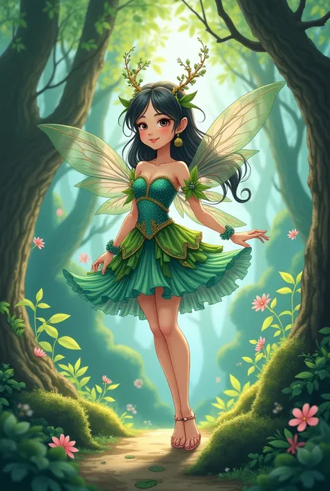 Cartoon anime style of of a magical forest fairy woman in a japanese magical forest