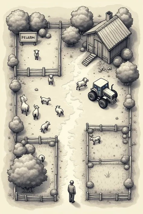 make a overhead view map/blueprint of a farm, kind of like a drawing not in color nor realistic, with 8 animals, 3 fields,1 tractor, 1 barn, 1 house, 1 farmers, and a sign with the farms name