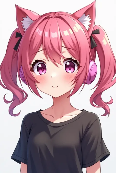 Non-realistic white-skinned anime girl with pink tied hair wearing a black shirt and wearing pink cat headphones 