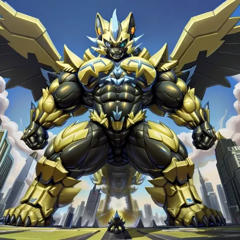 (masterpiece. official art. 8k. best quality. detailed full body. full body.)
(situation 1 : dominating zeraora. focus GIANT mechanical Muscular zeraora is trampling the CITY. macro. stomp. Low-angle perspective. emphasizing the immense size. The perspecti...