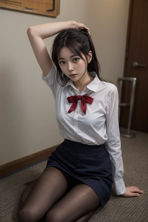 ((Evangelion、Katsuragi Misato))、Ulzzang - 6500 - V1.1, ( RAW photo:1.2), ( Photorealistic), (Genuine: 1.4), A woman wearing a skirt and jacket is sitting on the floor, hyper現実的な high school girl with visible armpits, a hyper現実的な high school girl with visib...