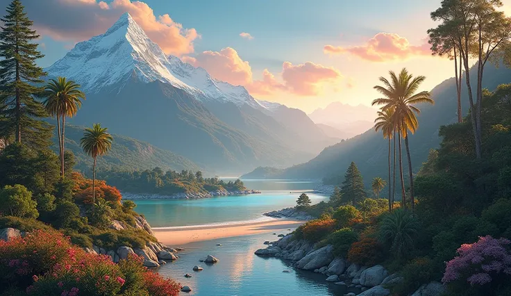 (photorealism:1.2), PA vibrant natural landscape scene featuring a serene mountain range with snowy peaks, a calm beach with gentle waves and palm trees, a tranquil lake surrounded by lush green forests, a flowing river cutting through a canyon, and an exp...