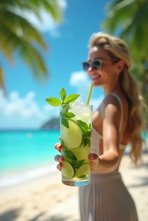 A glass with a tropical mojito drink on a paradisiacal beach with a woman holding