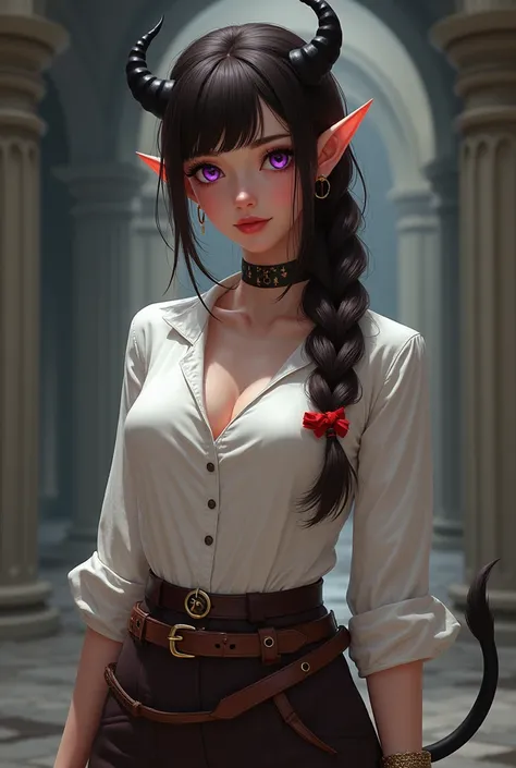 make me, A female character like the characters in the book “The Cruel Prince” smiling with her teeth  , with dark brown hair,  I wear my hair as a single braid and tie it with a red ribbon and wear it with a fringe up to the eyes, My hair I wear , purple ...