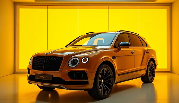 A sleek and powerful 2025 Bentley Bentayga displayed in a high-end luxury showroom with a vibrant yellow theme. The car is positioned under warm showroom lights, highlighting its glossy paintwork and exquisite details. The setting emphasizes the elegance a...