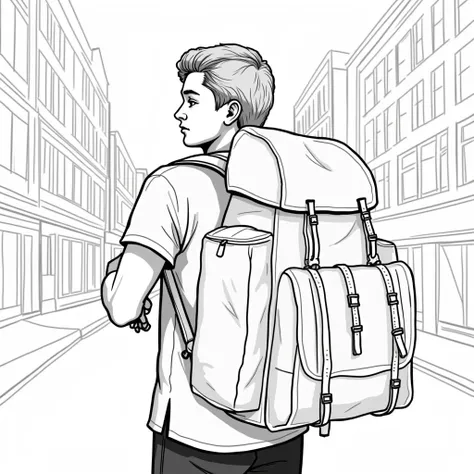 The image shows a stylized drawing of a person carrying a large backpack. The person is wearing a short-sleeved shirt and a wristband. The background features an urban setting with buildings and streets, drawn in a sketch-like style.