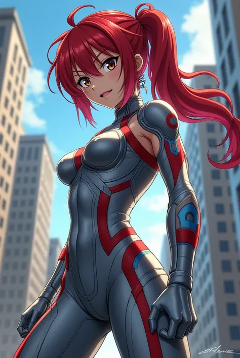   My Hero Academia Style ,   anime girl  , woman, young woman ,  full body shot ,(Combat Stance:1.3), long hair, Red Hair,   Brown Eyes , hero suit, Full Body Suit, silver suit with red and blue details,  perfect anatomy ,  enhanced abs , super detailed,(b...