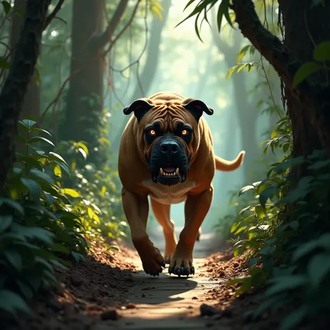 A realistic jungle scene with dry leaves falling from very big trees above. A Bullmastiff is walking along a narrow path in an angry mood, heading towards the camera. The atmosphere is dense with the jungles natural sounds and a sense of tension in the air...