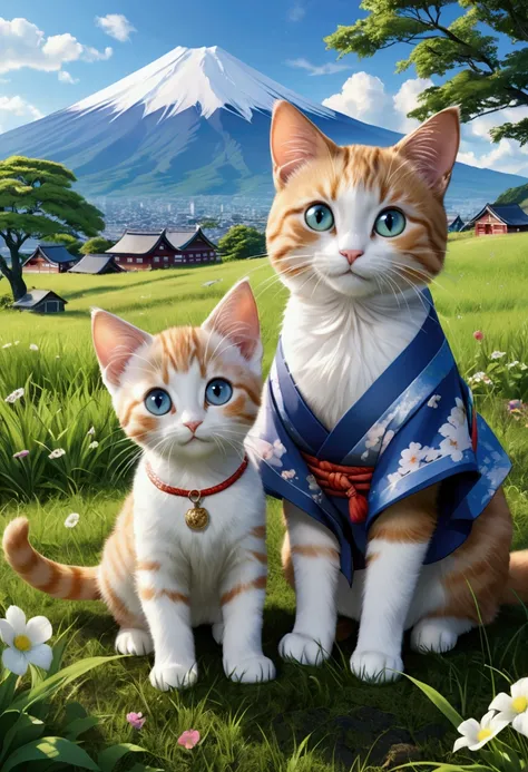 Smiling cat with clothes 、 photorealistic、Personified２Cats、 super detailed graphics、 magazine cover 、Two kittens in 、 top quality、 Ultra High Definition、 super high resolution、８k、grassland、Mount Fuji
