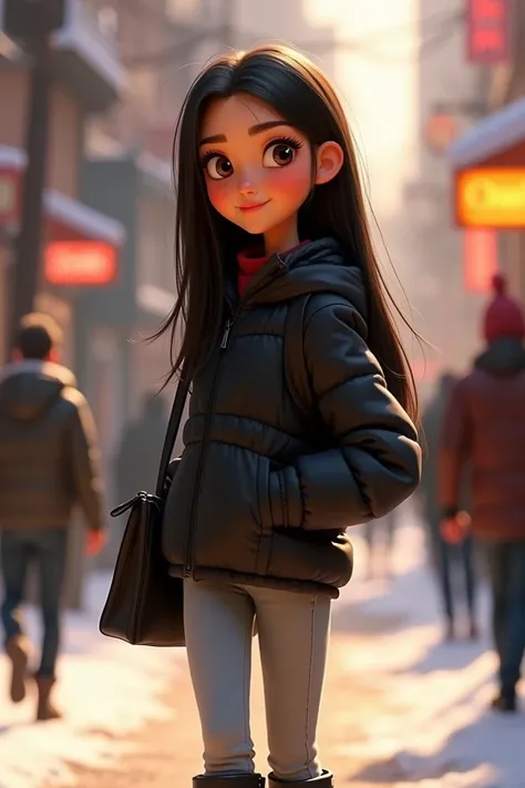 Pixar-style poster of a 29-year-old girl  ,  long straight black hair ,  Thick Black Eyebrows , black eyes and long black eyelashes , Medium nose,  Thick lips, slim,  winter clothing ,  black jacket ,  light jeans and knee-length black boots, Black bag.