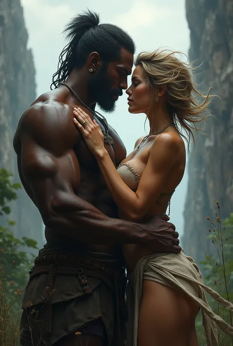 Nordic warrior woman short hair big butt RPG style completely naked having sex with a muscular black African warrior