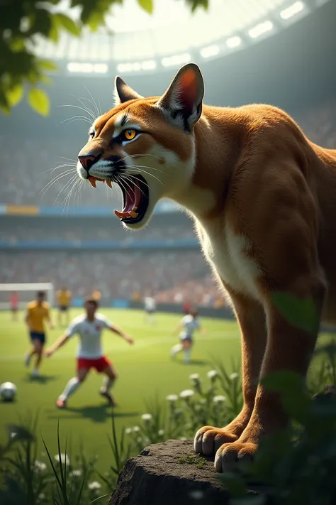 A puma watching soccer, yelling 