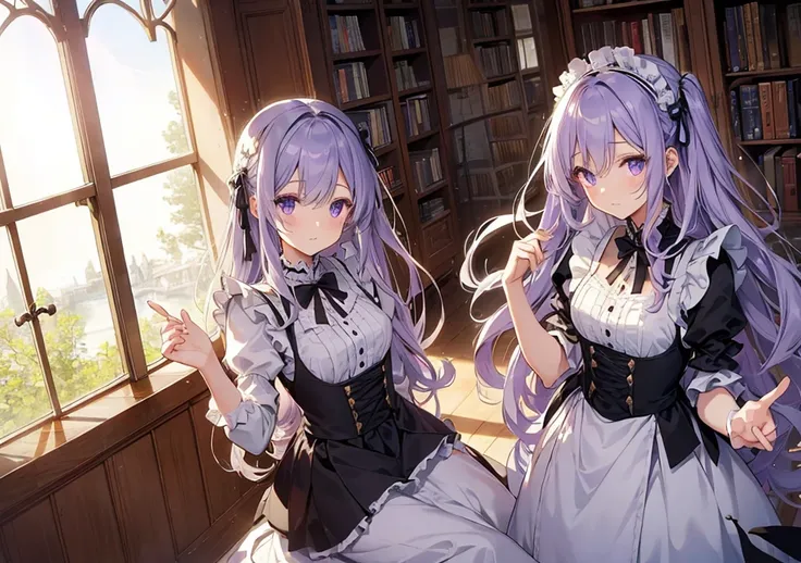 A graceful maid with long, wavy lavender hair that falls gracefully down her back, tied with small white ribbons. Her large, anime-style violet eyes shimmer with a calm and serene expression. She wears a refined black maid dress with a high neck and puffed...