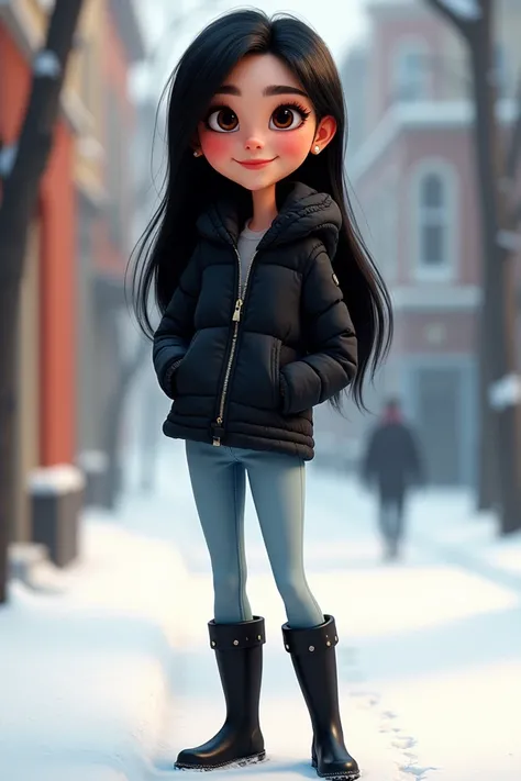  Pixar-style poster of a 29-year-old girl  ,  long straight black hair  , thick black eyebrows  , black eyes and long black lashes  , Medium nose,  Thick lips, slim,  winter clothing  ,  black jacket  ,  light jeans and knee-length black boots... full body